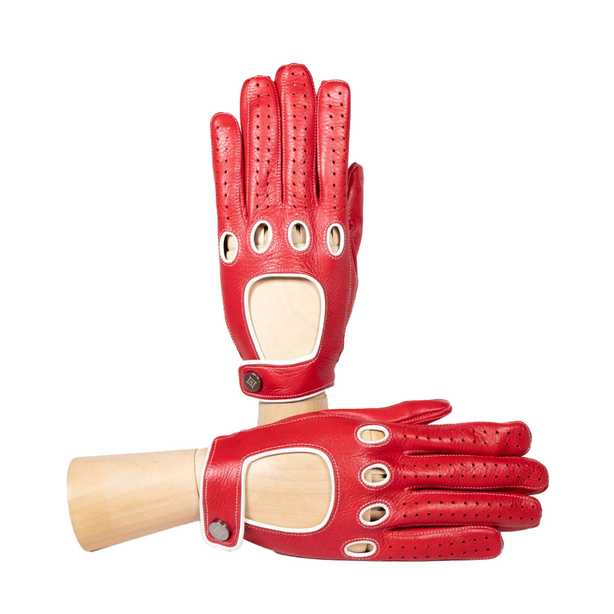 Men's red deerskin driving gloves featuring snap closure and contrast color details, showcasing Italian craftsmanship and style.
