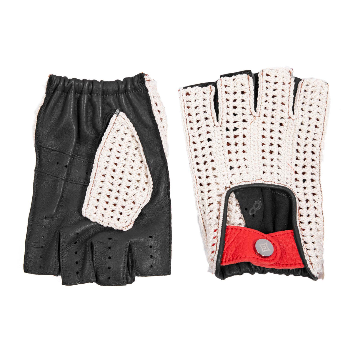 Men's half-finger cognac leather driving gloves featuring a crochet top and red deerskin flap, showcasing Italian craftsmanship.