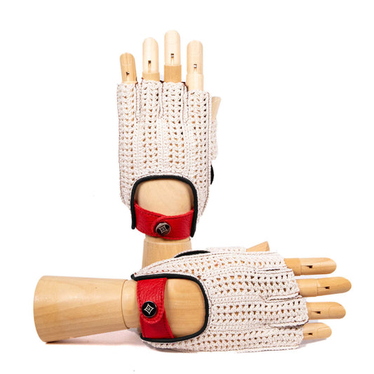 Men's cognac leather half-finger driving gloves with crochet top and red deerskin flap, showcasing elegant Italian craftsmanship.