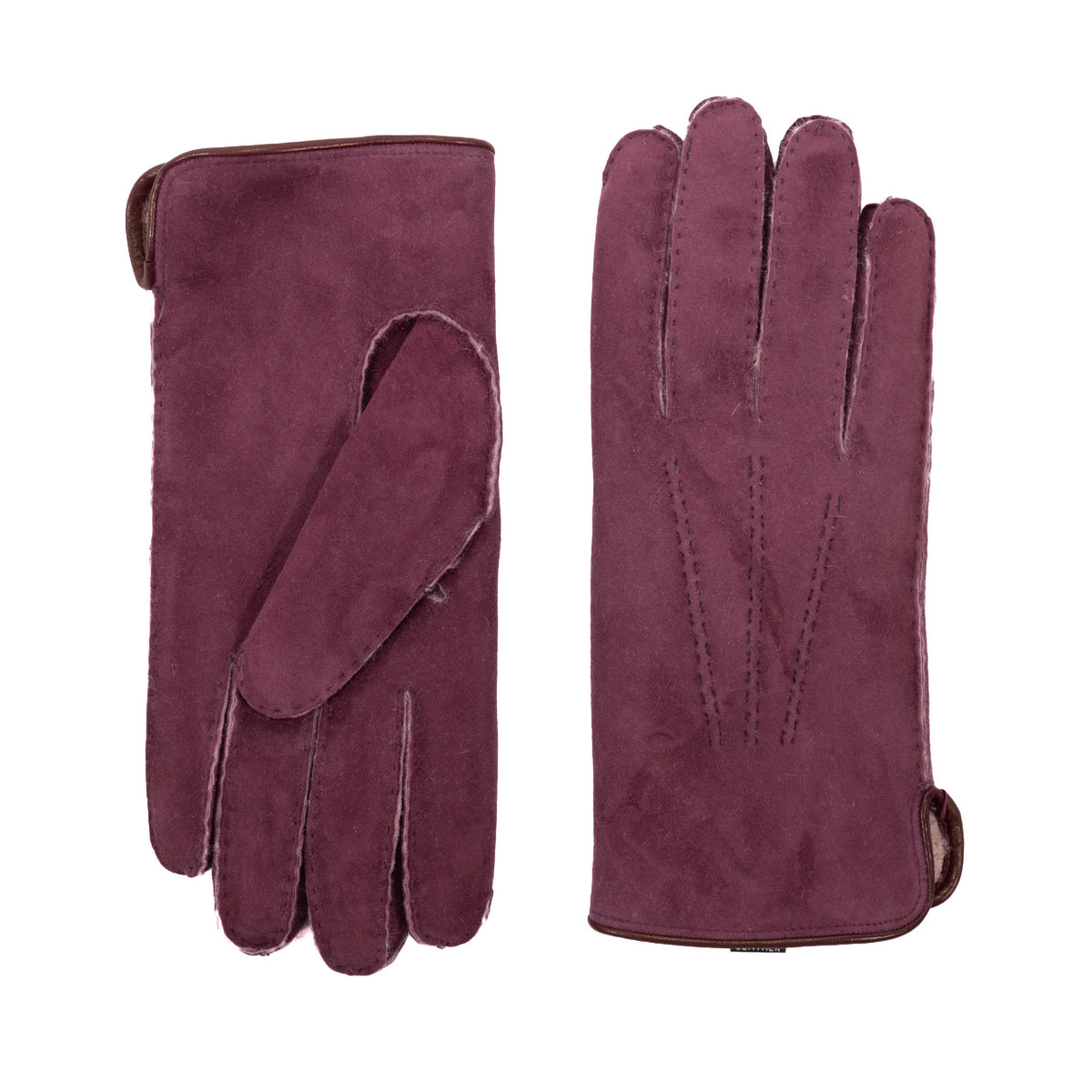 Men's burgundy curly lambskin gloves featuring a leather piped edge and side opening, showcasing elegant Italian craftsmanship.