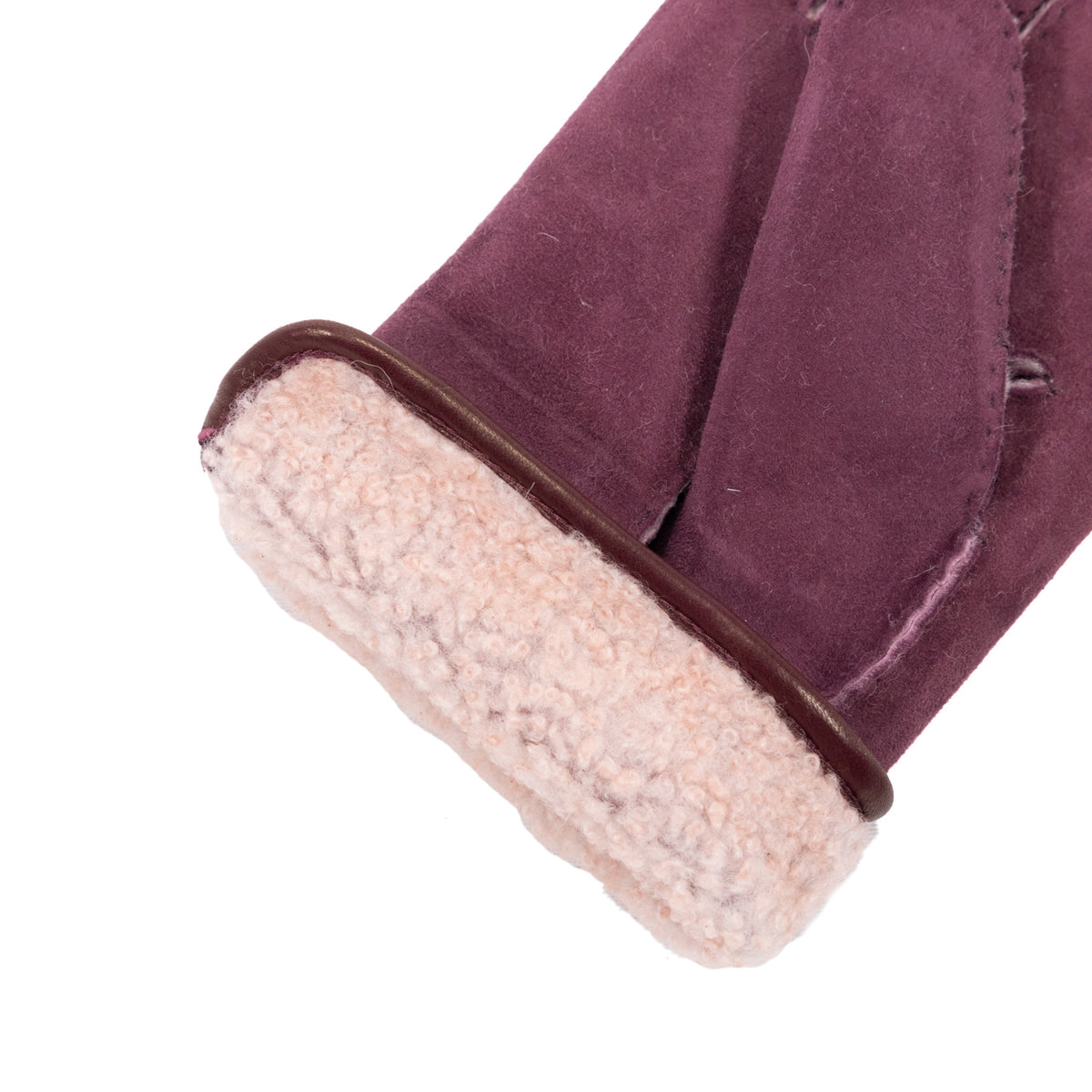 Men's burgundy curly lambskin gloves featuring a soft cashmere lining and elegant leather piped edge for refined style.
