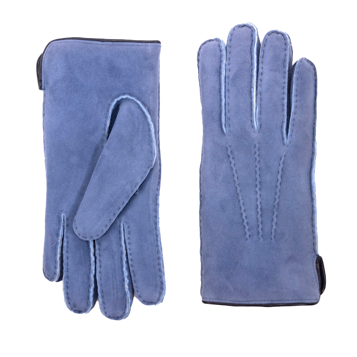 Men's blue curly lambskin gloves featuring a leather piped edge and side opening, showcasing elegant Italian craftsmanship.