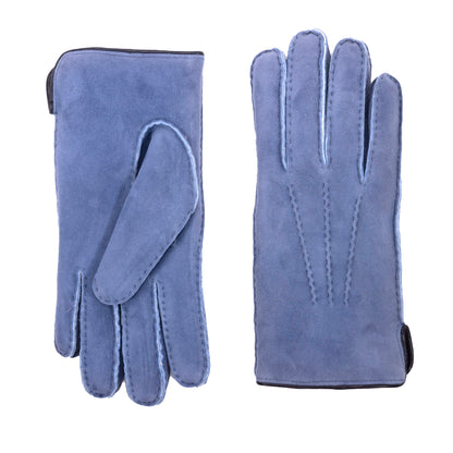 Men's blue curly lambskin gloves featuring a leather piped edge and side opening, showcasing elegant Italian craftsmanship.