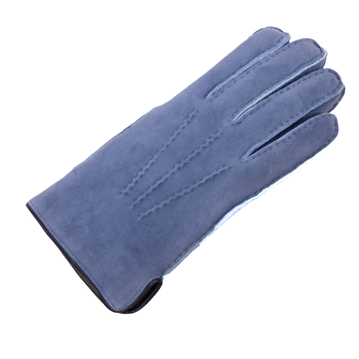 Men's blue curly lambskin glove featuring a leather piped edge and side opening, showcasing Italian craftsmanship and elegance.