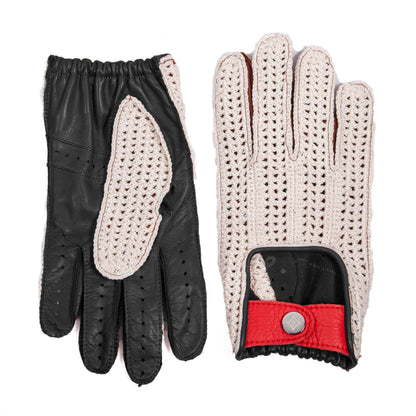 Men's cognac leather driving gloves featuring crochet tops and a red deerskin strap, showcasing Italian craftsmanship and elegance.