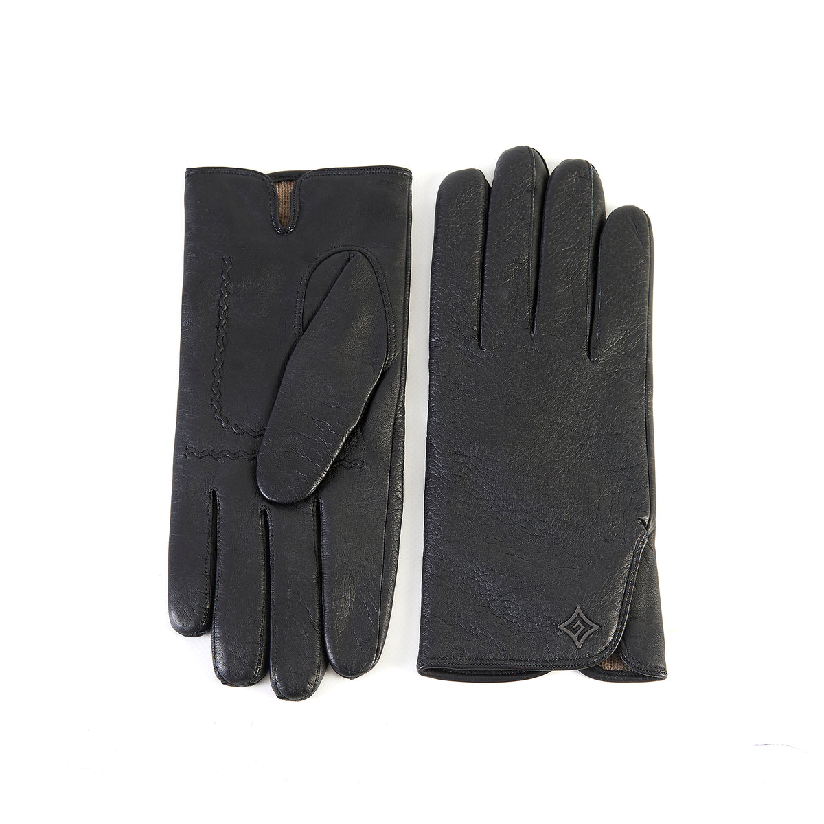 Men's black deerskin leather gloves featuring a touchscreen palm and soft cashmere lining for warmth and elegance.