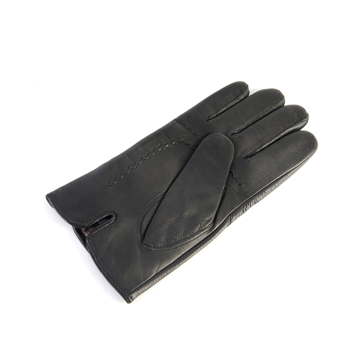 Men's black deerskin leather gloves featuring a touchscreen palm and soft cashmere lining, showcasing Italian craftsmanship.