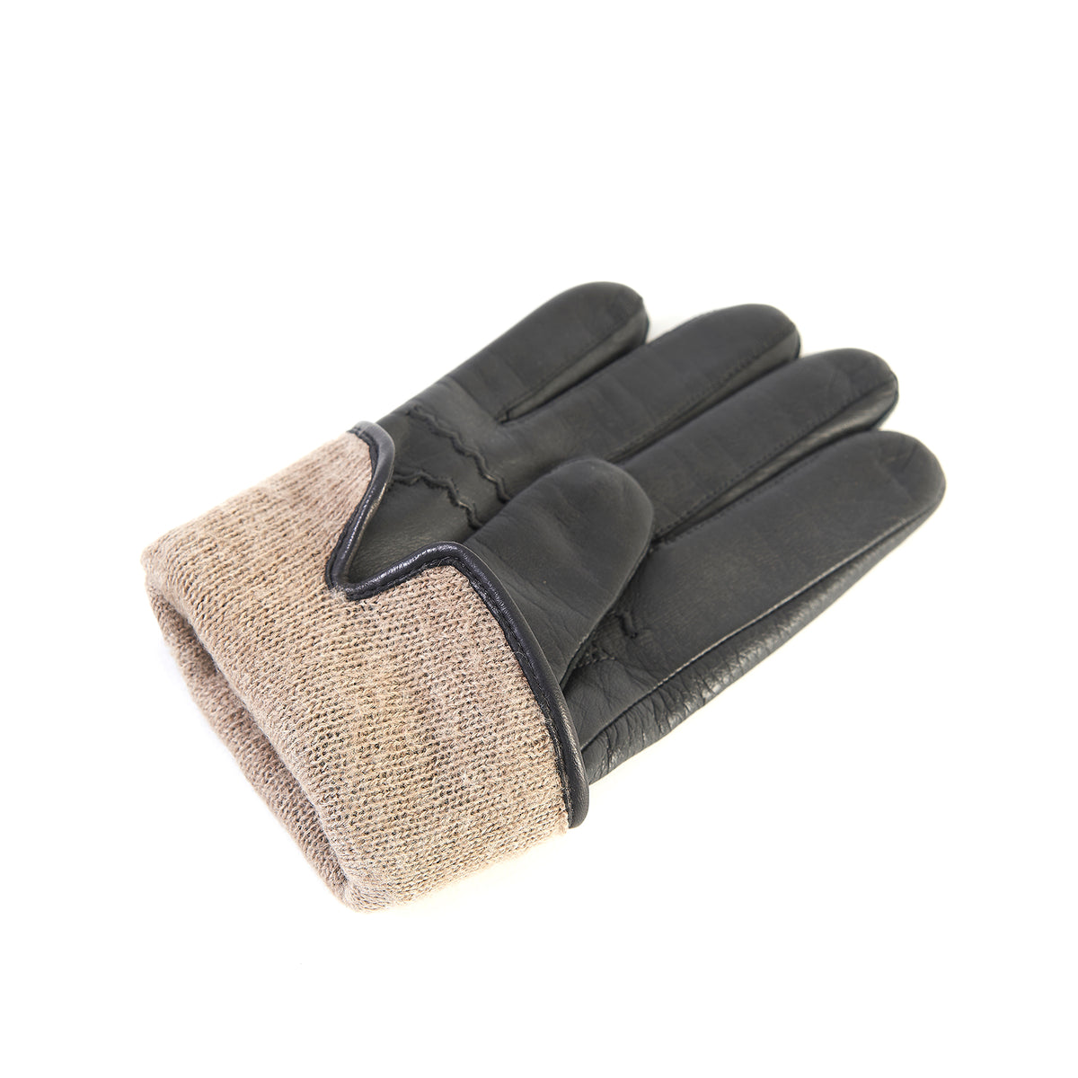 Men's black deerskin leather gloves featuring a cozy cashmere lining and stylish knit cuff for warmth and elegance.