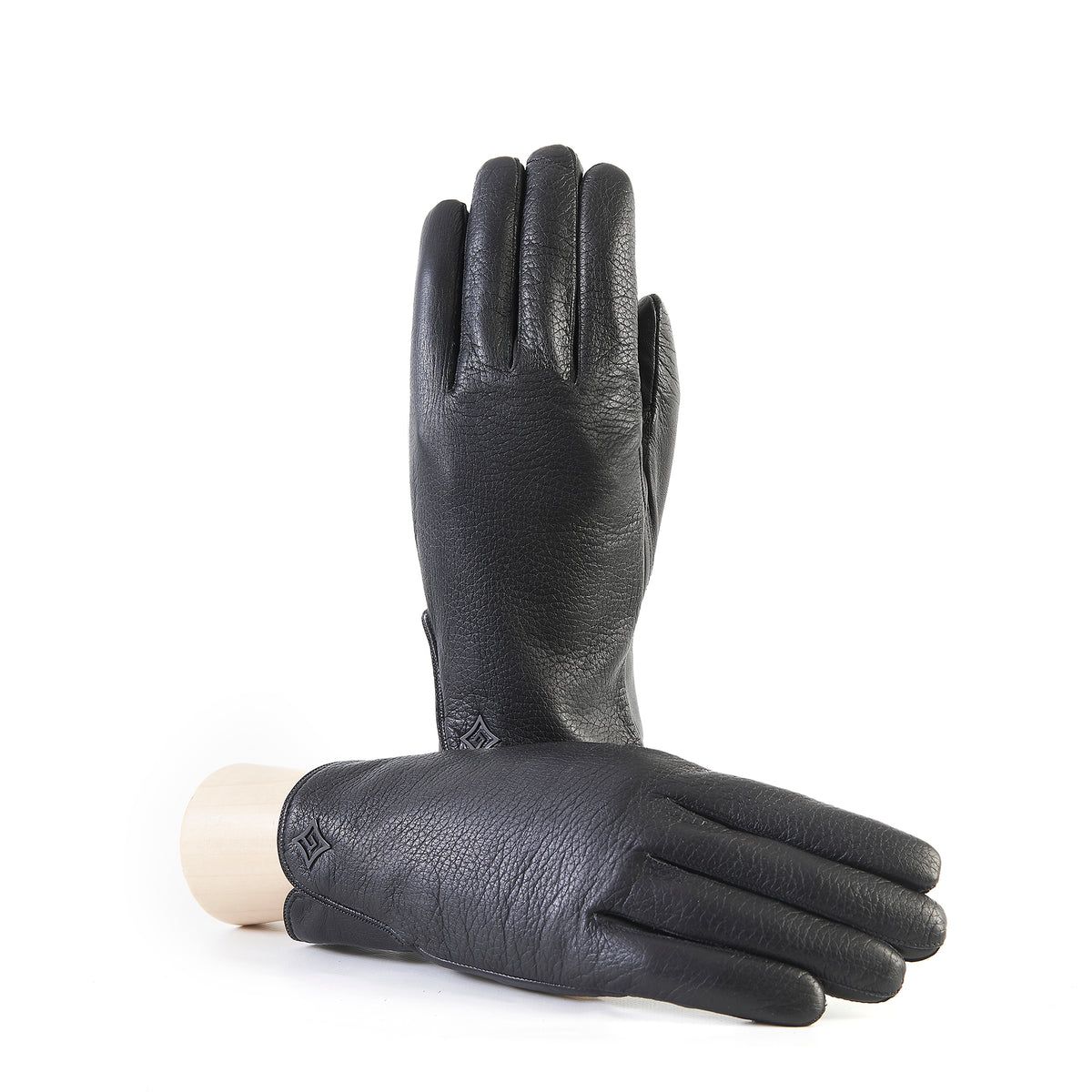 Men's black deerskin leather gloves featuring a touchscreen palm and soft cashmere lining, showcasing Italian luxury craftsmanship.