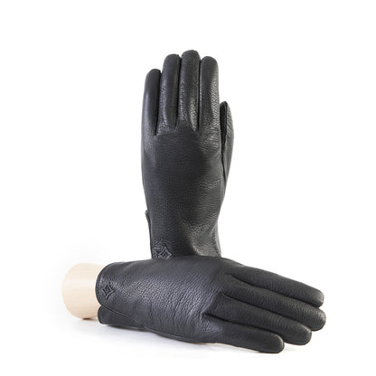 Men's black deerskin leather gloves featuring a touchscreen palm and soft cashmere lining, showcasing Italian luxury craftsmanship.