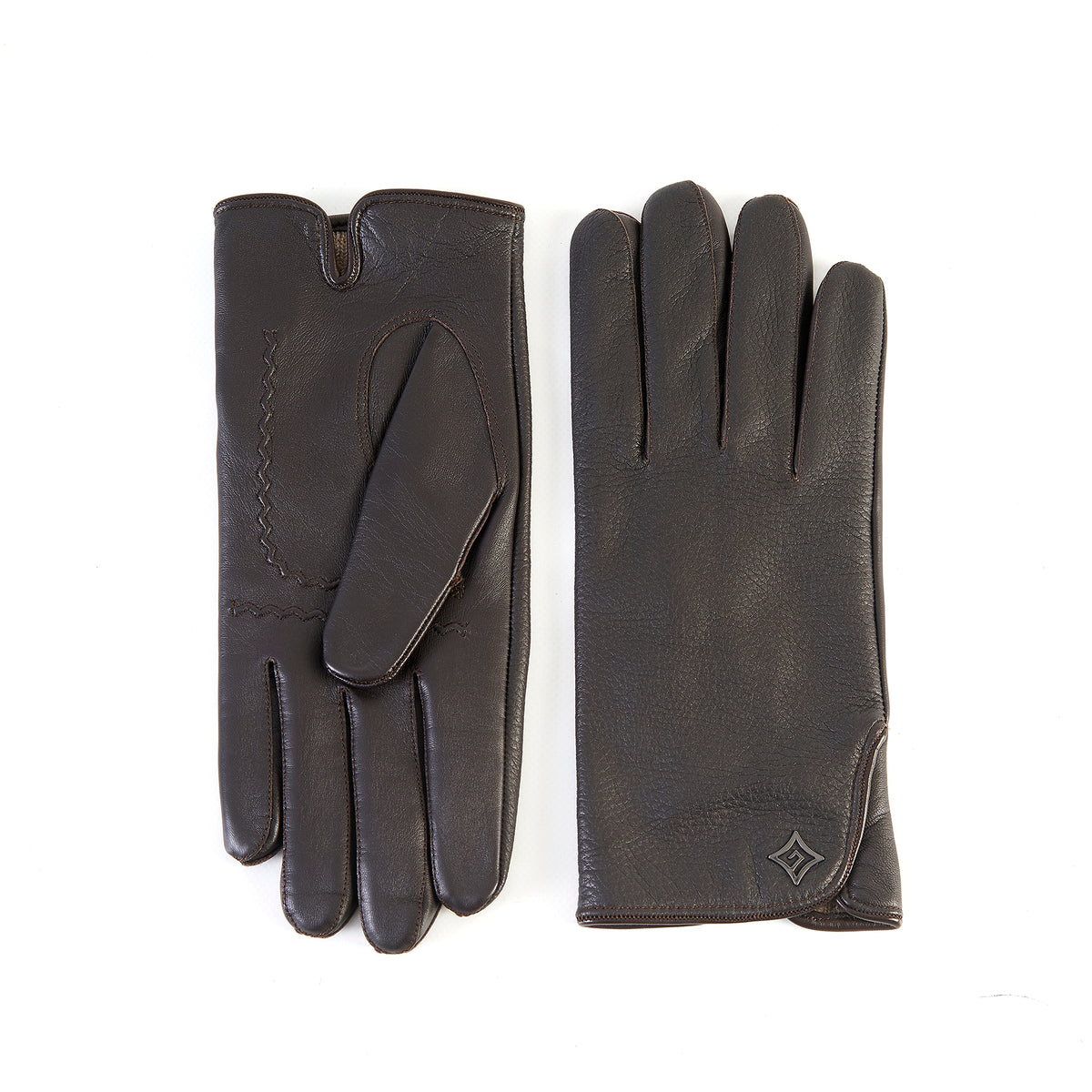 Men's dark brown deerskin leather gloves featuring a touchscreen palm and luxurious cashmere lining for warmth and style.