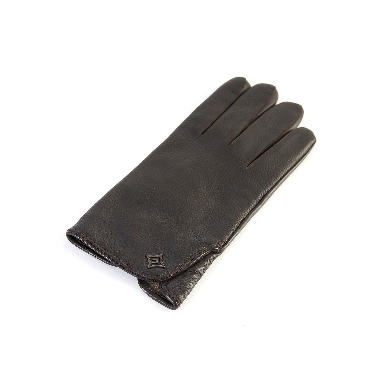 Men's dark brown deerskin leather gloves featuring a touchscreen palm and soft cashmere lining for ultimate comfort and style.