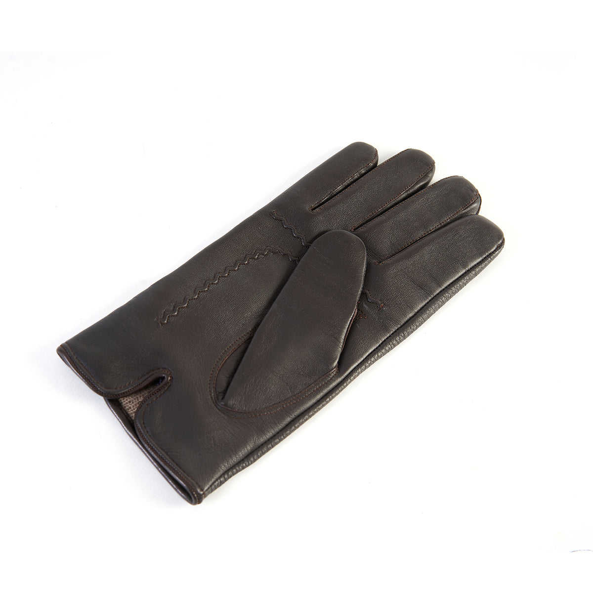 Men's dark brown deerskin leather gloves featuring a touchscreen palm and soft cashmere lining, showcasing elegant Italian craftsmanship.