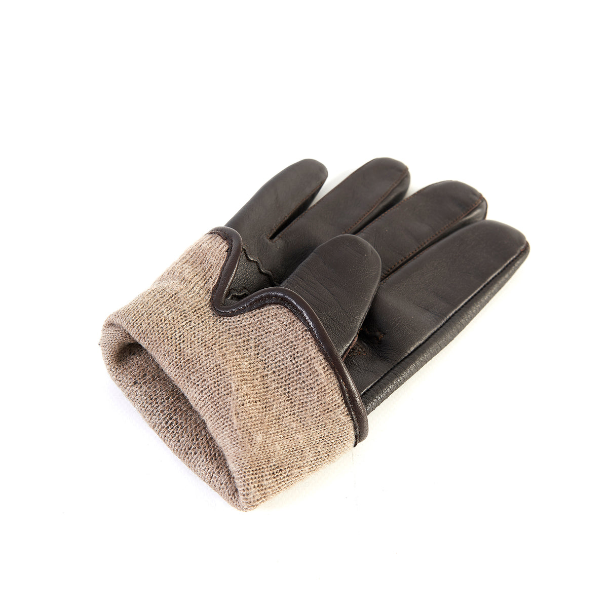 Men's brown deerskin leather gloves featuring a cashmere-lined cuff for warmth and a touchscreen-compatible palm.
