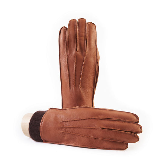 Men's soft brick deerskin gloves with brown cuff and cashmere lining