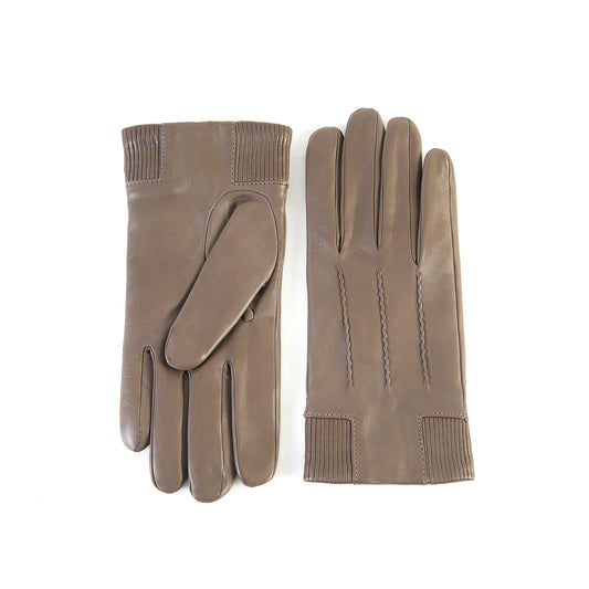 Men's nappa leather gloves in a warm taupe, featuring elastic panel details and soft cashmere lining for luxurious comfort.