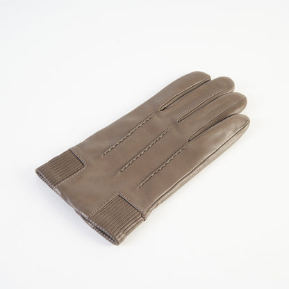 Men's brown nappa leather gloves featuring elastic panel detail and cashmere lining, showcasing Italian craftsmanship and elegance.