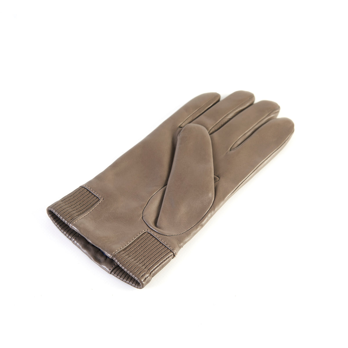 Men's nappa leather gloves in taupe, featuring an elastic panel detail and soft cashmere lining for warmth and comfort.