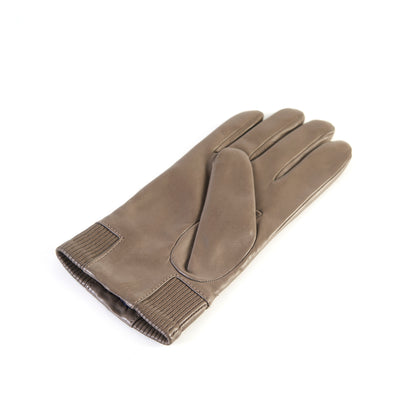 Men's nappa leather gloves in taupe, featuring an elastic panel detail and soft cashmere lining for warmth and comfort.