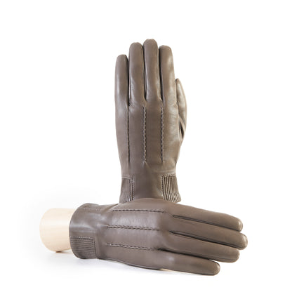Men's nappa leather gloves in rich brown, featuring elastic panel detail and luxurious cashmere lining for warmth and elegance.