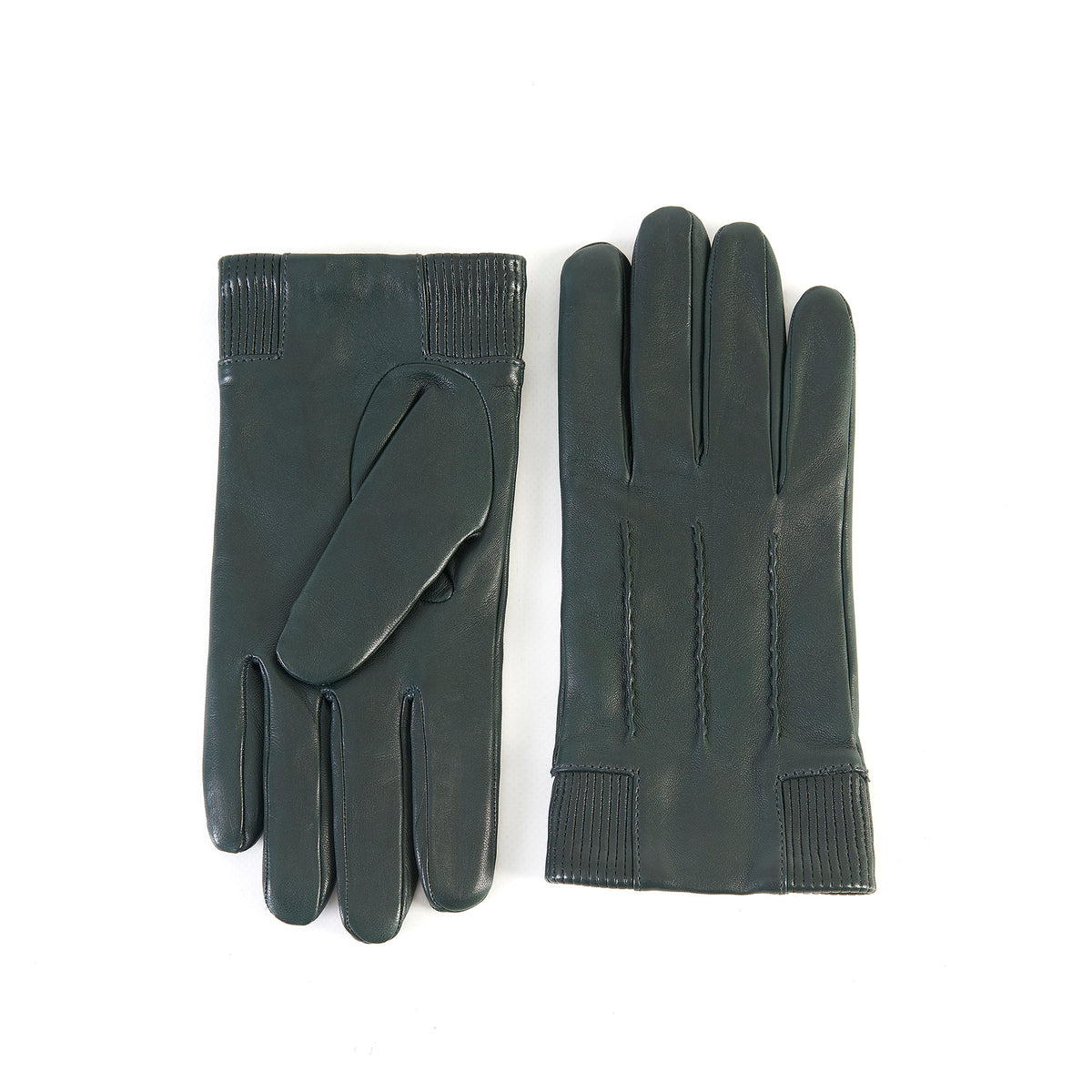 Dark green nappa leather gloves featuring an elastic panel detail and cashmere lining, showcasing elegant Italian craftsmanship.