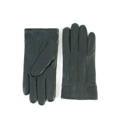 Dark green nappa leather gloves featuring an elastic panel detail and cashmere lining, showcasing elegant Italian craftsmanship.