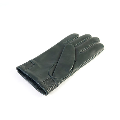 Men's dark green nappa leather gloves featuring an elastic panel and soft cashmere lining for added warmth and comfort.