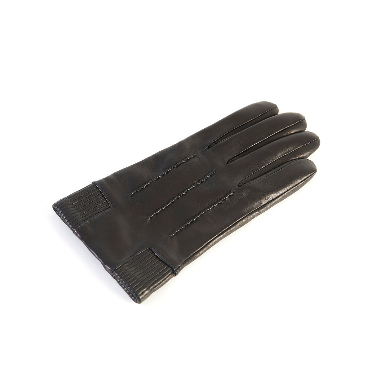 Men's black nappa leather gloves featuring elastic panel detail and a soft cashmere lining for ultimate comfort and style.