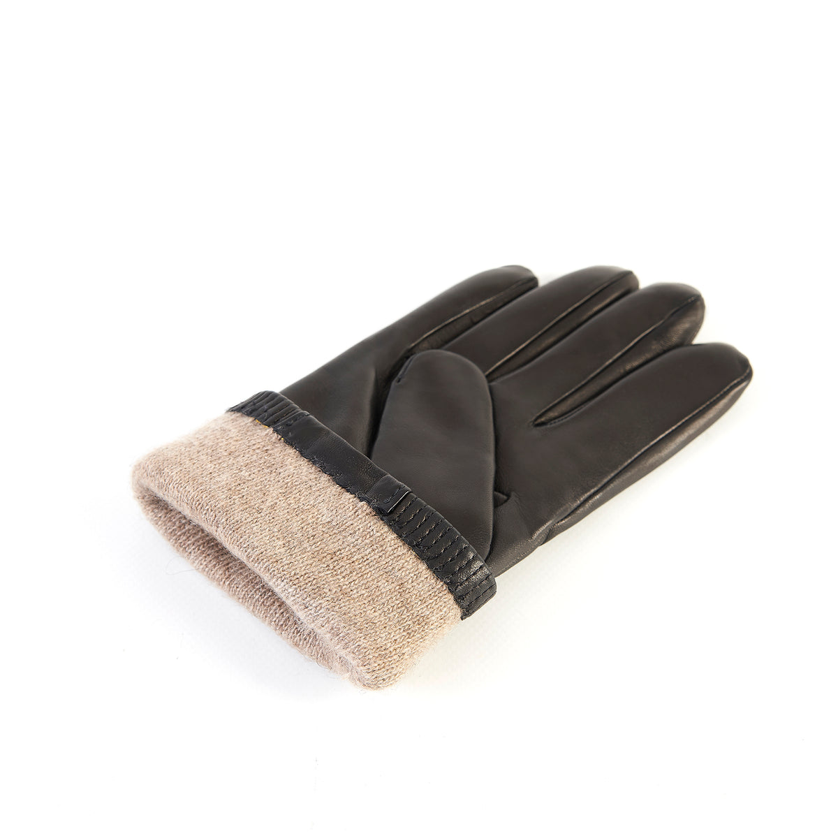 Men's black nappa leather gloves featuring a cashmere-lined cuff for warmth and comfort, showcasing elegant Italian craftsmanship.