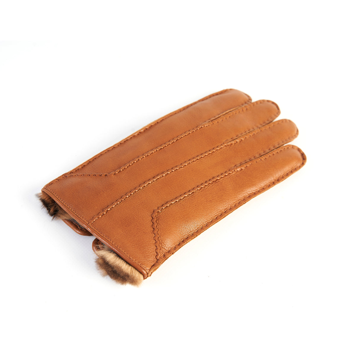 Cognac leather glove featuring elegant stitching and soft fur lining, showcasing Italian craftsmanship and luxurious design.