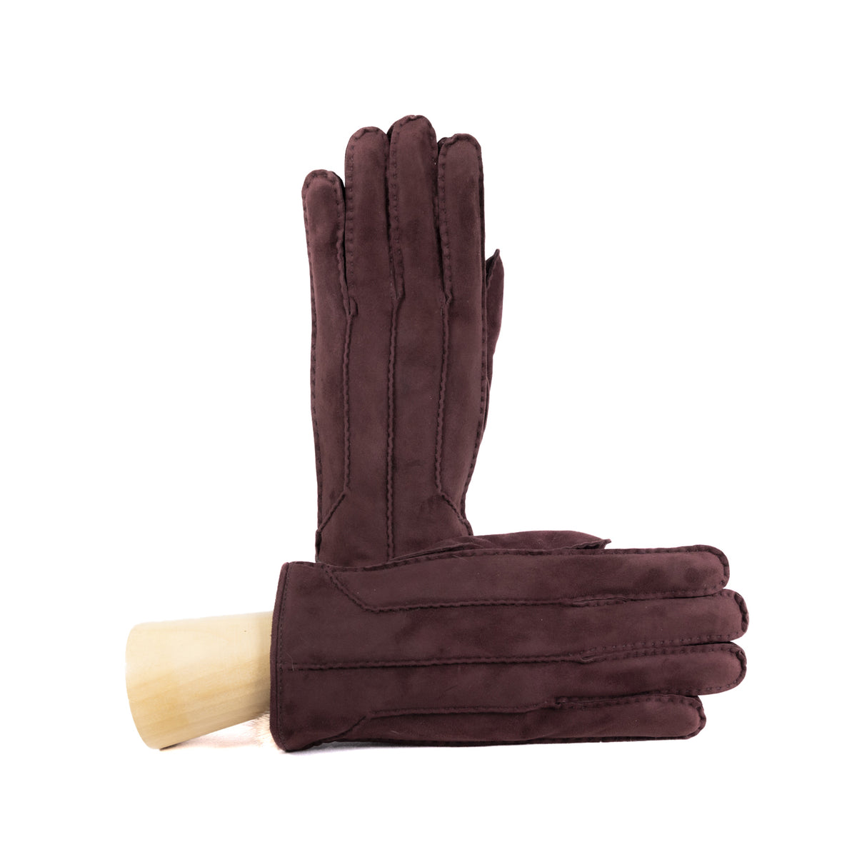 Handcrafted bordeaux suede leather gloves showcasing elegant design and premium craftsmanship.