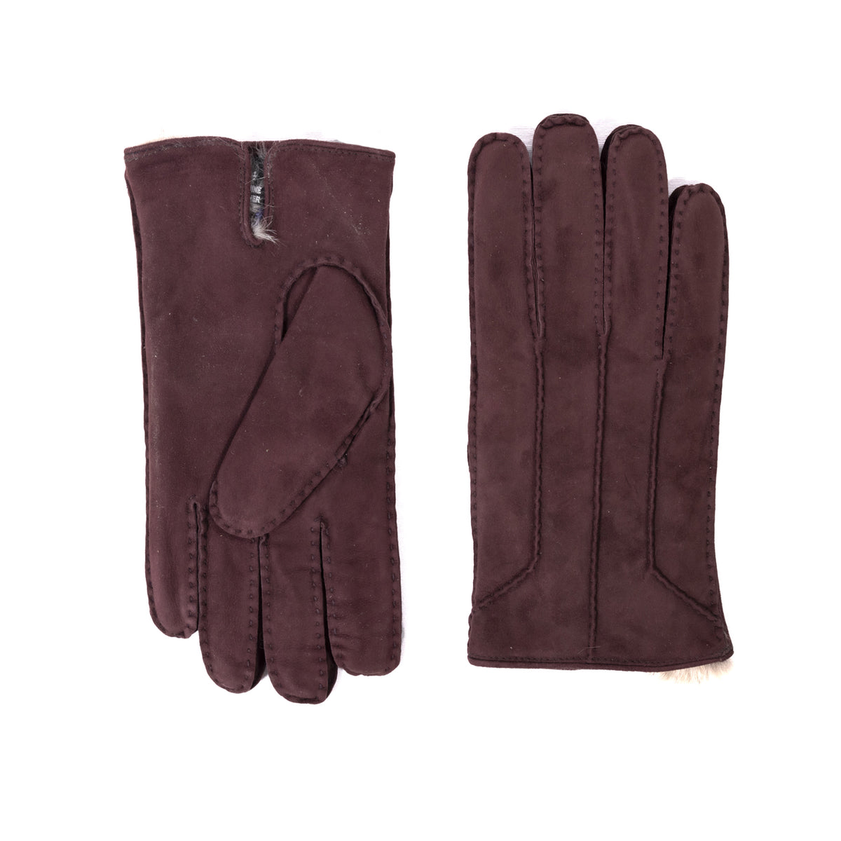 Handcrafted bordeaux suede gloves featuring a soft rabbit lining, showcasing elegant Italian design and meticulous stitching.