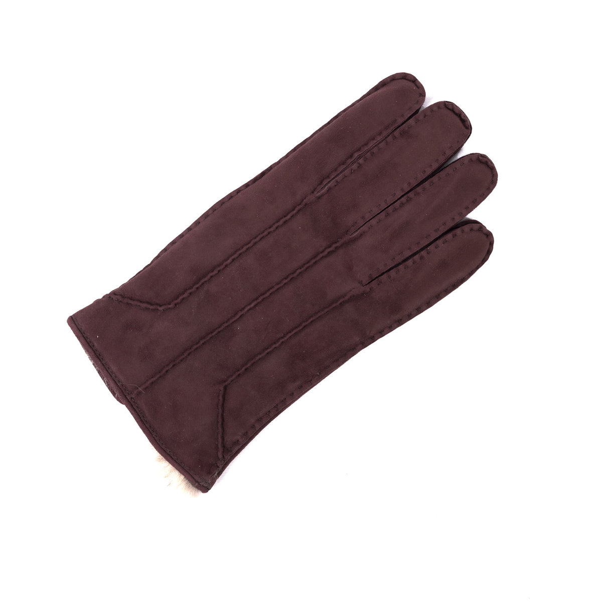Handcrafted burgundy suede leather glove lined with soft rabbit fur, showcasing elegant Italian craftsmanship and design.