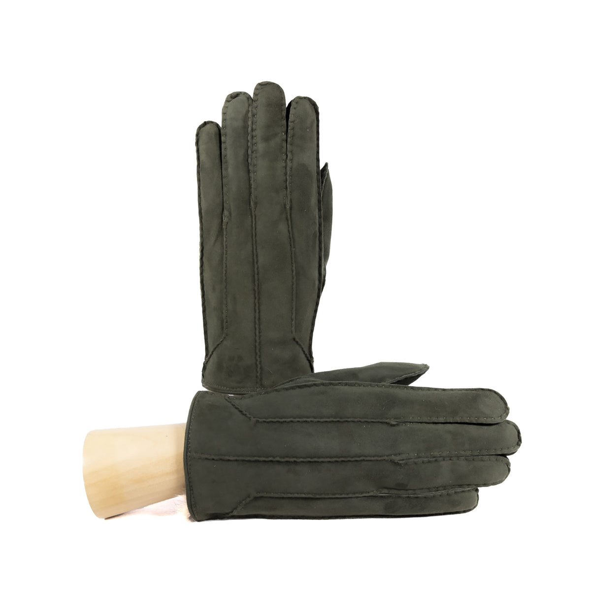 Handcrafted dark green suede leather gloves with elegant stitching, showcasing Italian craftsmanship and luxurious design.