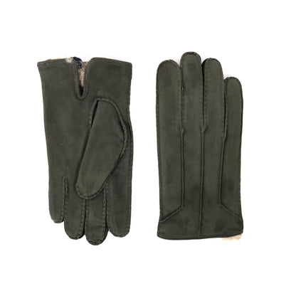 Handcrafted forest green suede leather gloves featuring a natural rabbit lining for warmth and comfort, showcasing Italian craftsmanship.