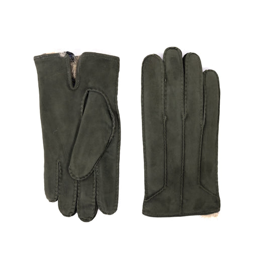 Handcrafted forest green suede leather gloves featuring a natural rabbit lining for warmth and comfort, showcasing Italian craftsmanship.