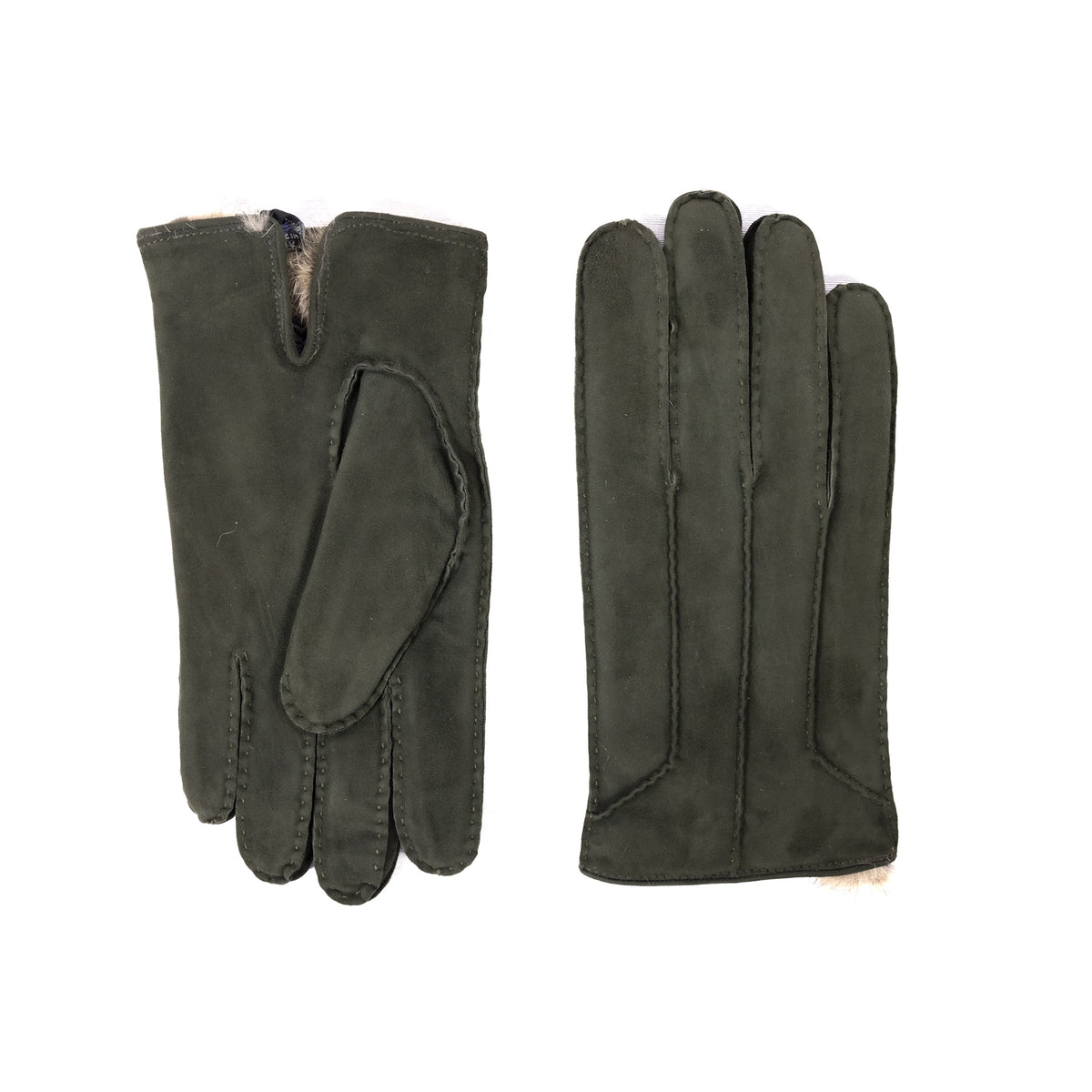 Handcrafted forest green suede leather gloves featuring a natural rabbit lining for warmth and comfort, showcasing Italian craftsmanship.