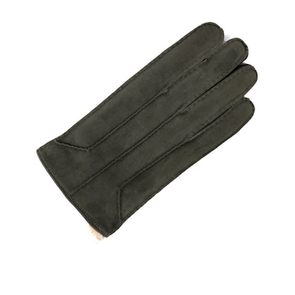 Handcrafted dark green suede leather gloves featuring a soft rabbit lining for warmth and comfort.