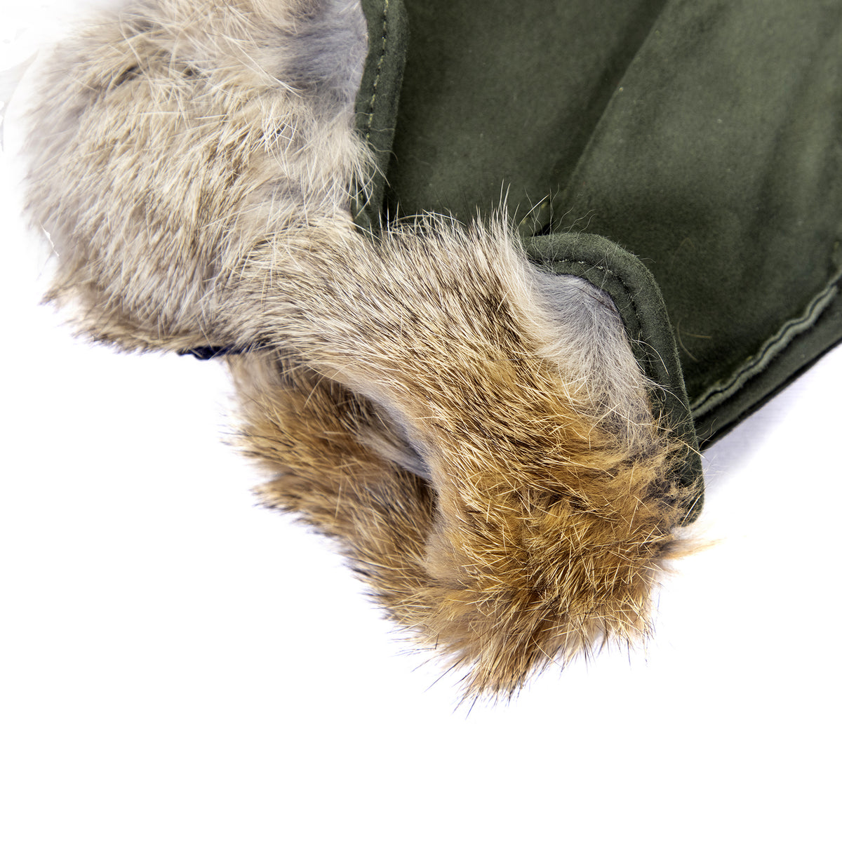 Handcrafted green suede gloves featuring a luxurious natural rabbit fur lining for warmth and elegance.