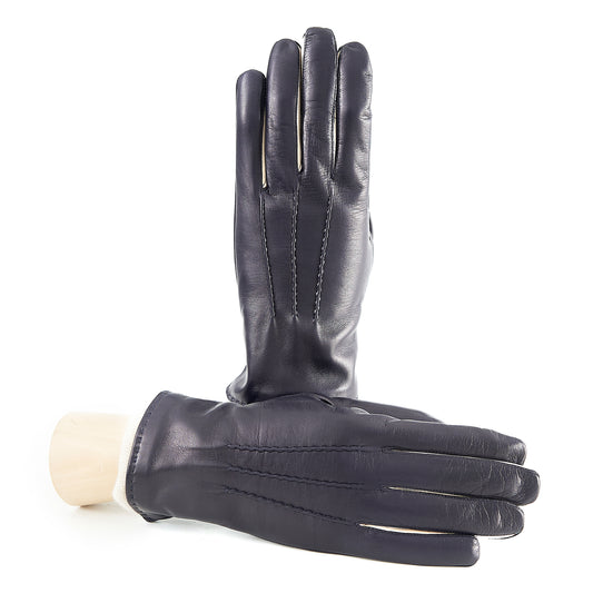 Men's black nappa leather gloves featuring contrast finger inserts and a soft cashmere lining, showcasing elegant Italian design.
