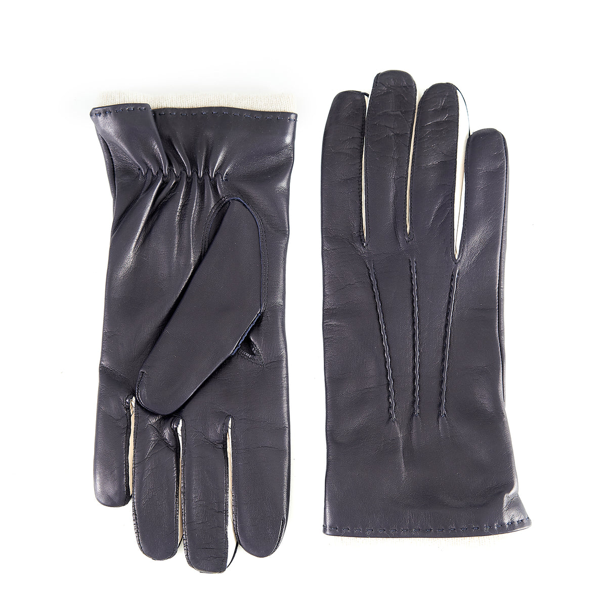 Men's grey nappa leather gloves featuring contrast finger inserts and soft cashmere lining for luxurious warmth and style.
