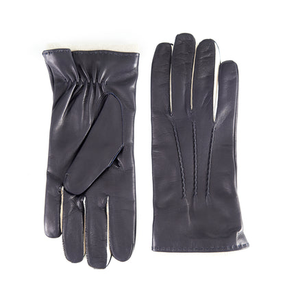 Men's grey nappa leather gloves featuring contrast finger inserts and soft cashmere lining for luxurious warmth and style.