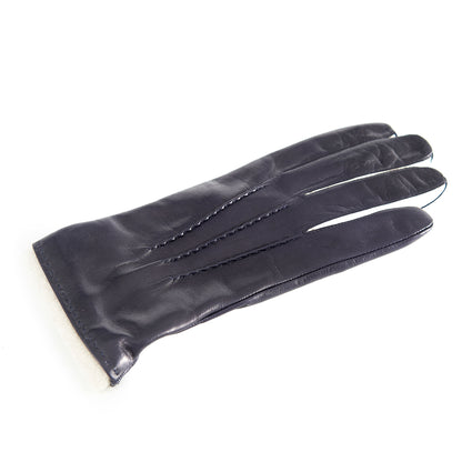 Men's navy nappa leather glove featuring contrast finger inserts and a soft cashmere lining for luxurious warmth and style.