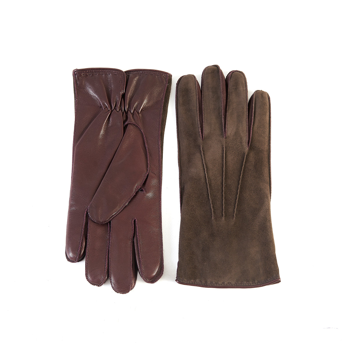 Men's nappa suede combination leather gloves in rich brown, showcasing elegant design and luxurious craftsmanship.