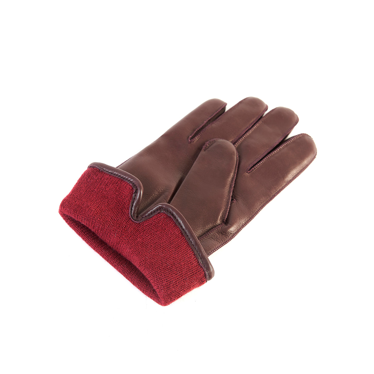 Men's brown nappa suede gloves with a rich burgundy cashmere lining, showcasing elegant Italian craftsmanship.