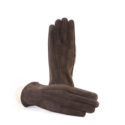 Men's dark brown nappa suede gloves, elegantly lined with cashmere, showcasing refined Italian craftsmanship and sophisticated design.