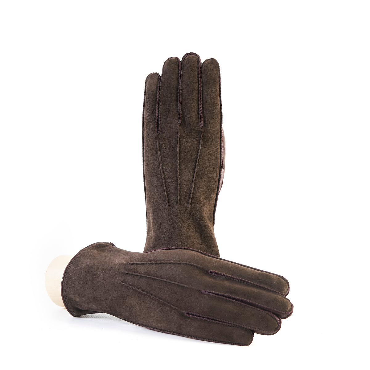 Men's dark brown nappa suede gloves, elegantly lined with cashmere, showcasing refined Italian craftsmanship and sophisticated design.