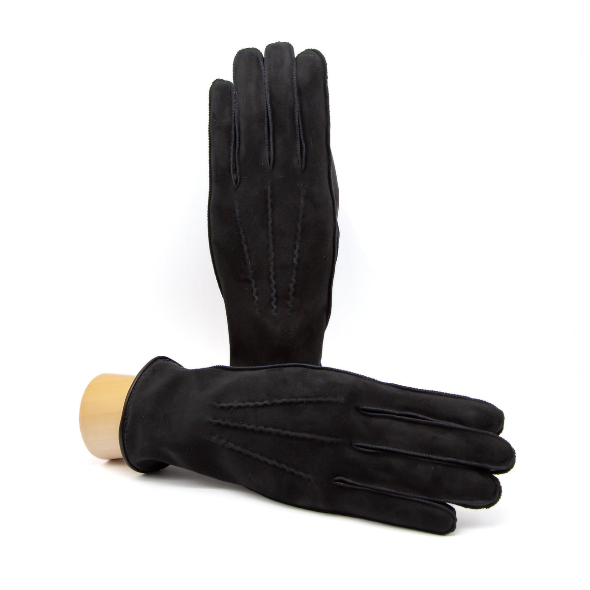 Men's black nappa suede gloves with cashmere lining, showcasing elegant design and Italian craftsmanship.
