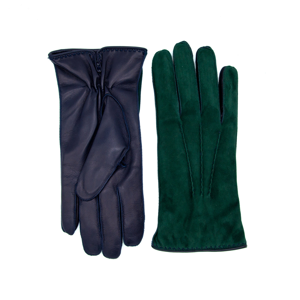Men's tone on tone green and navy blue nappa leather gloves, showcasing elegant Italian craftsmanship and premium materials.