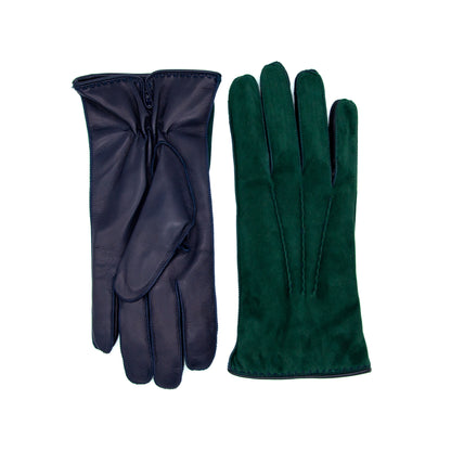Men's tone on tone green and navy blue nappa leather gloves, showcasing elegant Italian craftsmanship and premium materials.